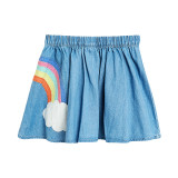 Kid Girl Blue Rainbow Unicorn Pompom Denim Skirt