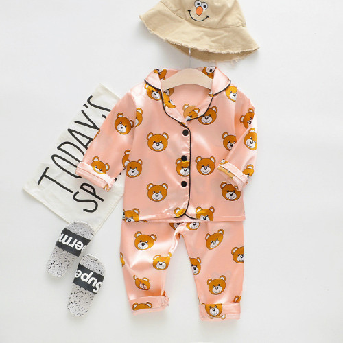 Toddler Kids Boy Prints Bears Long Sleeves Pajamas Rayon Silk Sleepwear Set