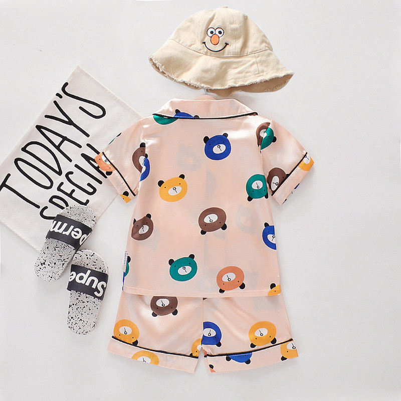 Toddler Kids Boy Prints Bears Summer Short Pajamas Rayon Silk Sleepwear Set
