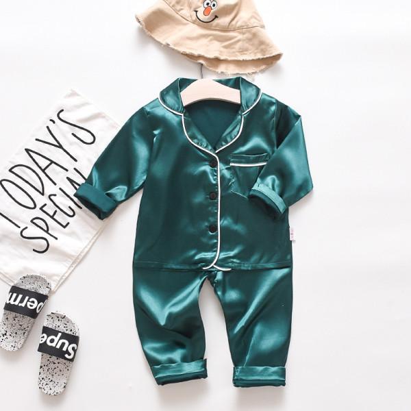 Toddler Kids Boy Pure Color Long Sleeves Pajamas Rayon Silk Sleepwear Set
