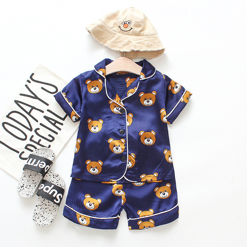 Toddler Kids Boy Prints Bears Summer Short Pajamas Rayon Silk Sleepwear Set