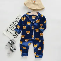 Toddler Kids Boy Prints Bears Long Sleeves Pajamas Rayon Silk Sleepwear Set