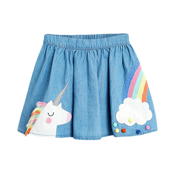 Kid Girl Blue Rainbow Unicorn Pompom Denim Skirt