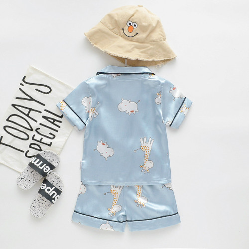 Toddler Kids Boy Prints Bears Giraffes Hippos Summer Short Pajamas Rayon Silk Sleepwear Set