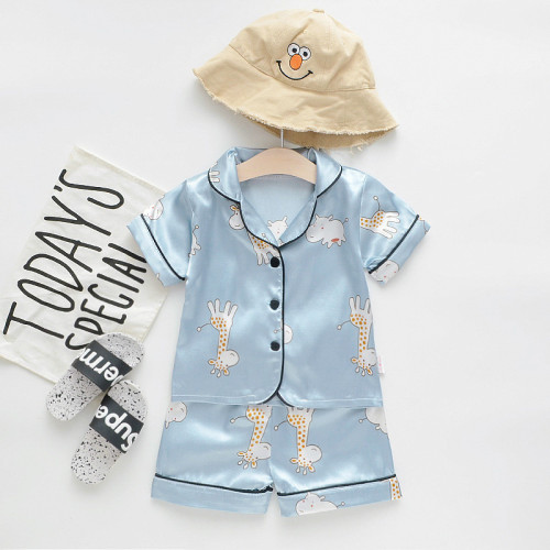 Toddler Kids Boy Prints Bears Giraffes Hippos Summer Short Pajamas Rayon Silk Sleepwear Set