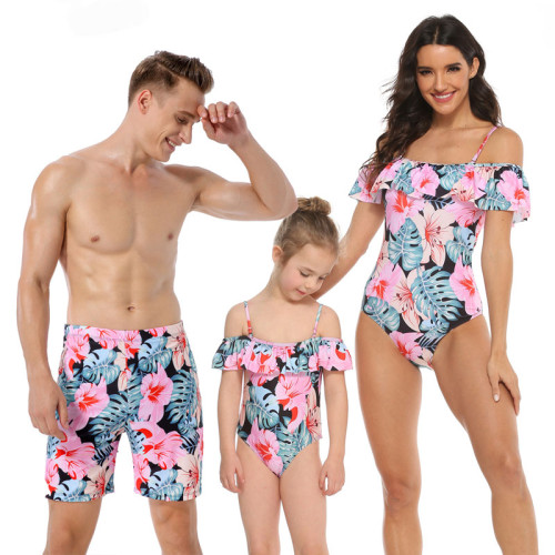 Family Matching Swimwear Prints Pink Flowers Leaves Ruffles Slip Swimsuit