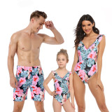 Family Matching Swimwear Prints Pink Flowers Leaves Ruffles V-neck Swimsuit