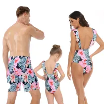 Family Matching Swimwear Prints Pink Flowers Leaves Ruffles V-neck Swimsuit