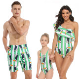 Family Matching Swimwear Green Stripe Toco Toucan One-shoulder Swimsuit