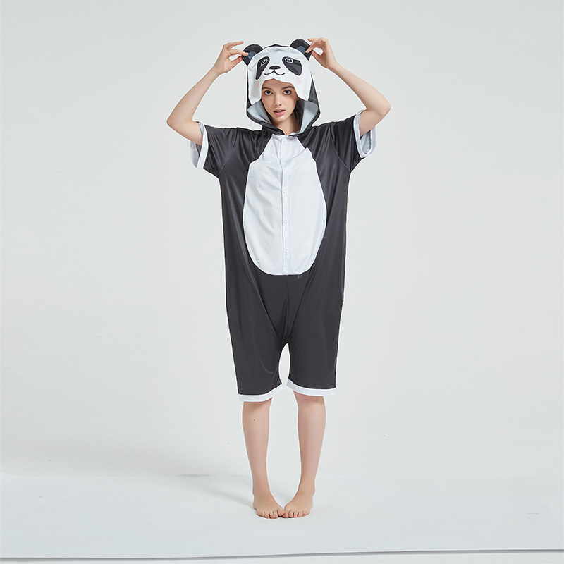 Kids And Adults Cute Black Panda Summer Short Onesie Kigurumi Pajamas