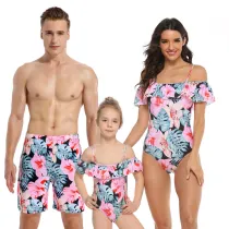 Family Matching Swimwear Prints Pink Flowers Leaves Ruffles Slip Swimsuit