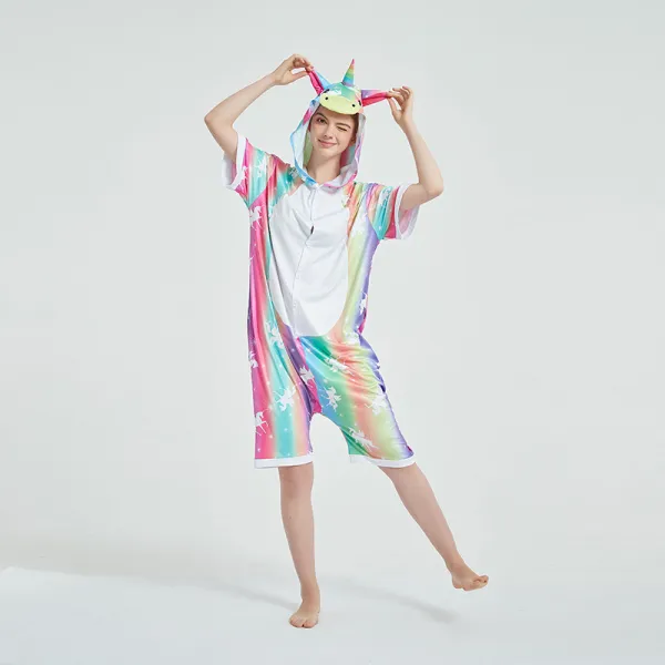 Kids And Adults Rainbow Unicorn Summer Short Onesie Kigurumi Pajamas