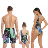 Family Matching Swimwear Prints Green Tropical Leaves Swimsuit