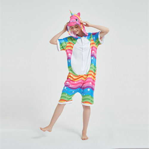 Kids And Adults Rainbow Wave Unicorn Summer Short Onesie Kigurumi Pajamas