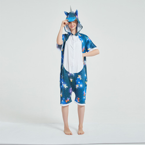 Kids And Adults Blue Sun Stars Sky Unicorn Summer Short Onesie Kigurumi Pajamas