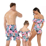 Family Matching Swimwear Prints Pink Flowers Leaves Ruffles Slip Swimsuit