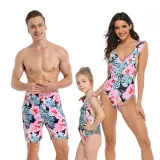 Family Matching Swimwear Prints Pink Flowers Leaves Ruffles V-neck Swimsuit