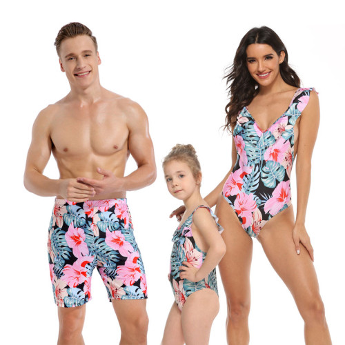 Family Matching Swimwear Prints Pink Flowers Leaves Ruffles V-neck Swimsuit