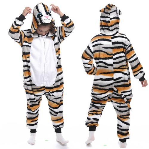 Kids Black Yellow Stripe Tiger Cat Onesie Kigurumi Pajamas Animal Cosplay Costumes for Unisex Children