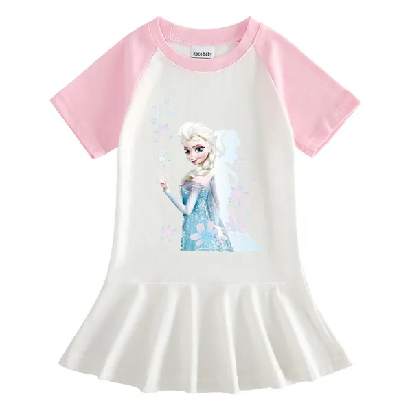 Toddler Girls Prints Frozen Flowers Alsa Princess A-line Pleated Short Sleeve Dresses