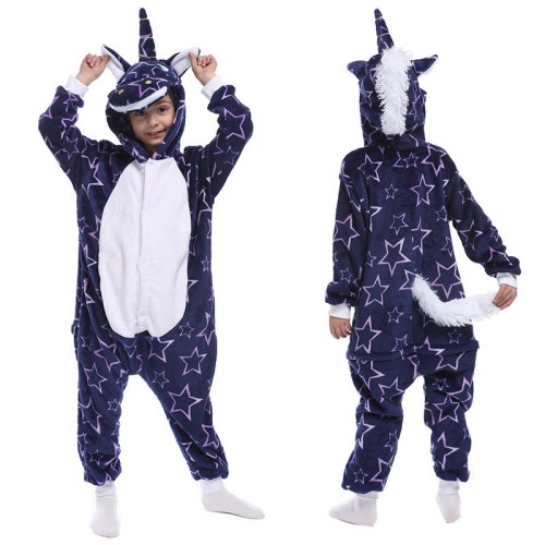 Kids Blue Bright Stars Unicon Onesie Kigurumi Pajamas Animal Cosplay Costumes for Unisex Children