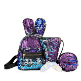 Cute Sequins Rabbit Ears Fashion Backpack Bags Mermaid Bag 3PCS Sets