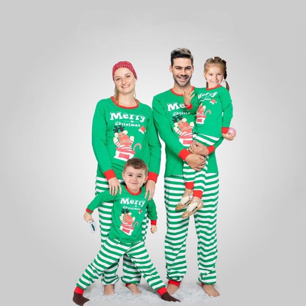 Christmas Family Matching Sleepwear Pajamas Sets Green Deer Top and Stripes Pants