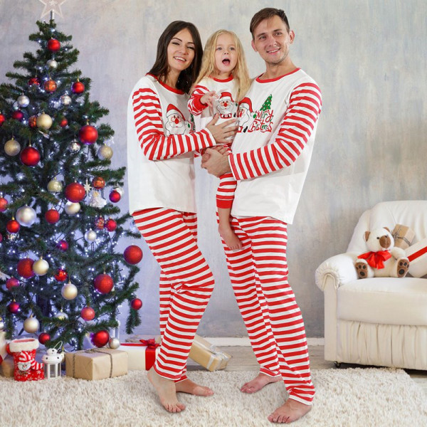 Christmas Family Matching Sleepwear Pajamas Sets White Santa Claus Tree Top and Red Stripes Pants