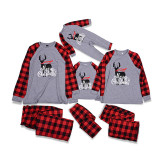 Christmas Family Matching Sleepwear Pajamas Sets Grey Deers Top and Red Plaids Pants With Dog Cloth