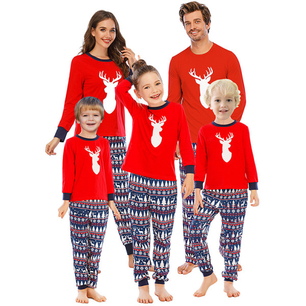 Christmas Family Matching Sleepwear Pajamas Sets Red Deer Top and Navy Prints Pants