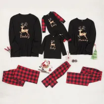 Christmas Family Matching Sleepwear Pajamas Sets Black Deers Top and Red Plaid Pants