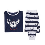 Christmas Family Matching Sleepwear Pajamas Sets Deer Horn Top and Blue Stripes Pants