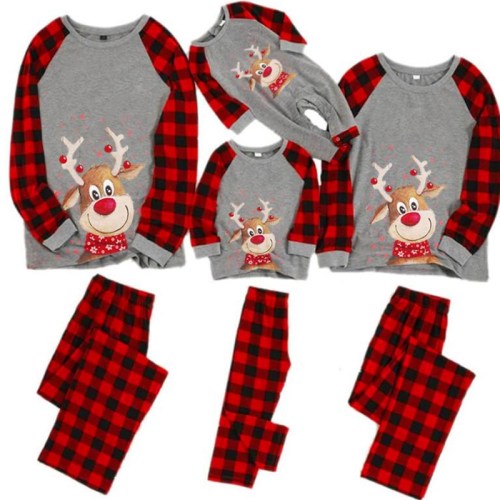 Christmas Family Matching Sleepwear Pajamas Sets Cute Deers Plaid Top and Red Plaids Pants With Dog Cloth