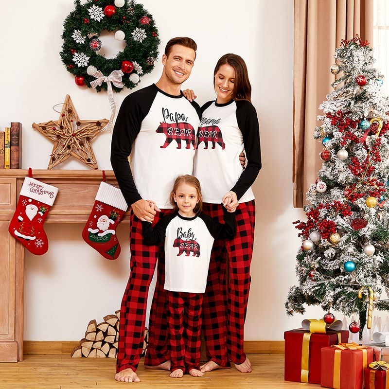 Christmas Family Matching Sleepwear Pajamas Sets White Printing Top And Red Plaid Pants