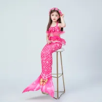3PCS Kid Girls Rose Pink Lace Mermaid Tail Bikini Sets Swimsuit With Free Garland Color Random