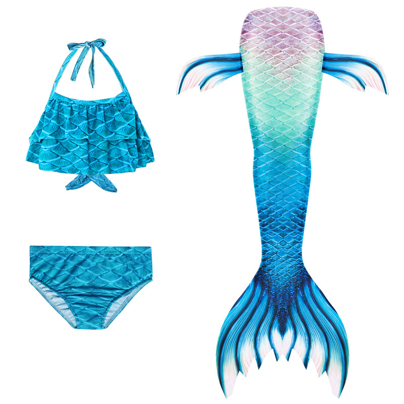 3PCS Kid Girls Ombre Dyeing Scale Mermaid Tail Bikini Sets Ruffles Top Swimwear With Free Garland Color Random