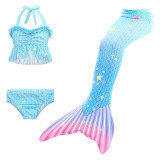 3PCS Kid Girls Blue Stars Mermaid Tail Ruffles Bikini Sets Swimsuit With Free Garland Color Random