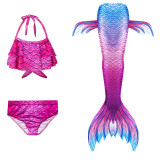 3PCS Kid Girls Ombre Dyeing Scale Mermaid Tail Bikini Sets Ruffles Top Swimwear With Free Garland Color Random