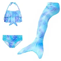 3PCS Kid Girls Tie-dye Scale Mermaid Tail Bikini Sets Ruffles Swimwear With Free Garland Color Random