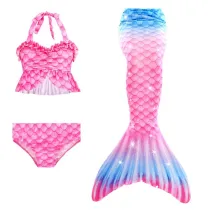 3PCS Kid Girls Shell Ruffles Mermaid Tail Bikini Sets Swimsuit With Free Garland Color Random