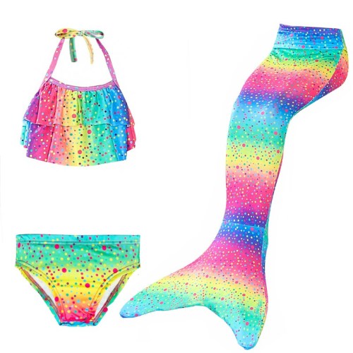 3PCS Kid Girls Rainbow Dot Mermaid Tail Bikini Sets Ruffles Swimwear With Free Garland Color Random