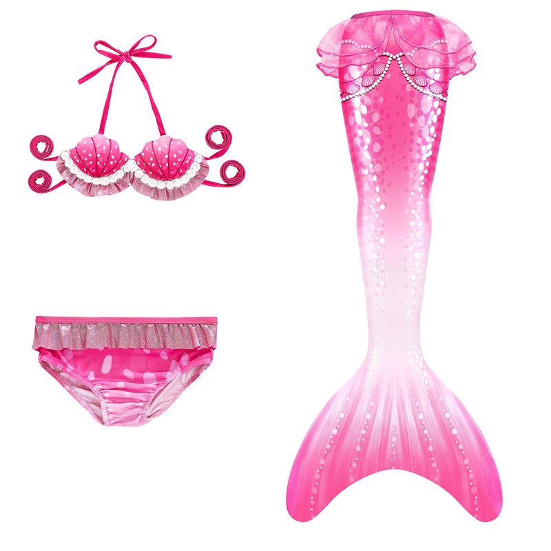 3PCS Kid Girls Shell Top Bra Ombre Mermaid Tail Bikini Sets Lace Ruffles Swimsuit With Free Garland Color Random