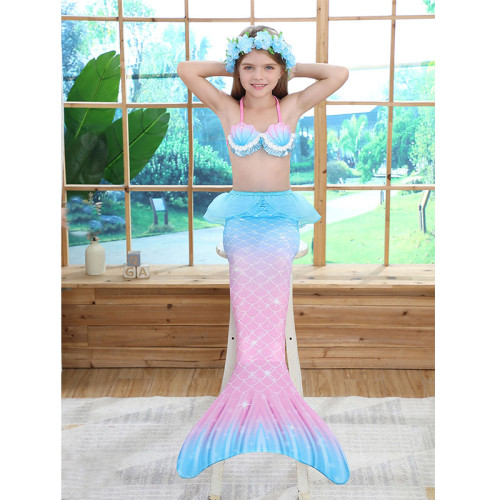 3PCS Kid Girls Shell Top Bra Rainbow Ombre Mermaid Tail Bikini Sets Lace Ruffles Swimsuit With Free Garland Color Random