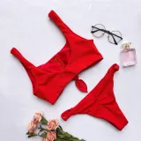 Women Concealed Button Slip Solid Color Bikinis Sets Swimwear