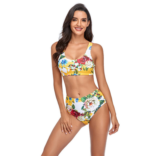Women Prints Floral High Waist Split Bikinis Sets Swimwear