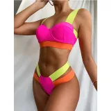 Women Color Matching Cut Out Contrast Elastic Steel Bracket Bikinis Sets Swimwear