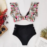 Women Prints Flowers Toucan Leaves Ruffles Sleeves Top High Waist Bikinis Sets Swimwear