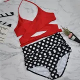 Women White Dots Stripes Cross Up High Waist Bikinis Sets Swimwear