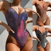 Women Glitter Sparkle Sequins Slip V-neck Triangle Onepiece Swimsuit