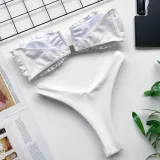 Women Tube Top Bikinis Chest Wrap Strapless Frill Bandeau V-neck Swimwear Bikinis Sets